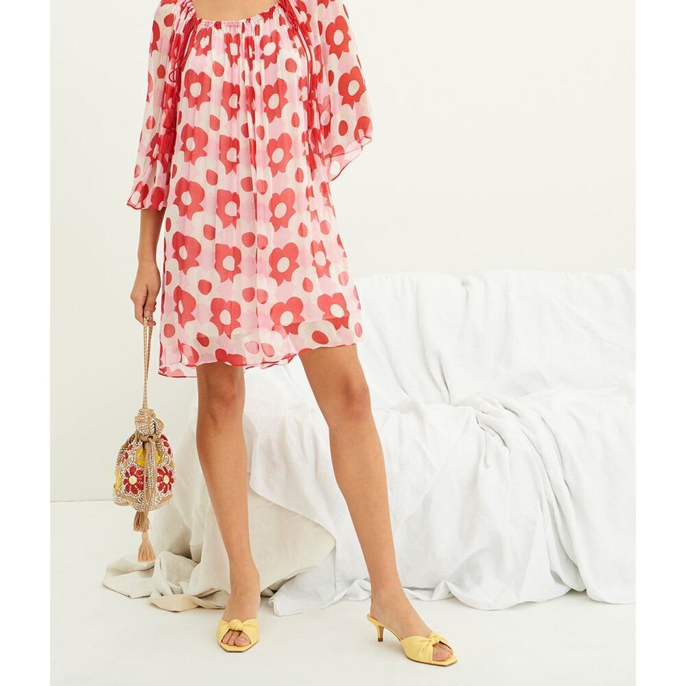 Antik Batik preppy sheer hippie floral fluid bounce dress with tassels Small